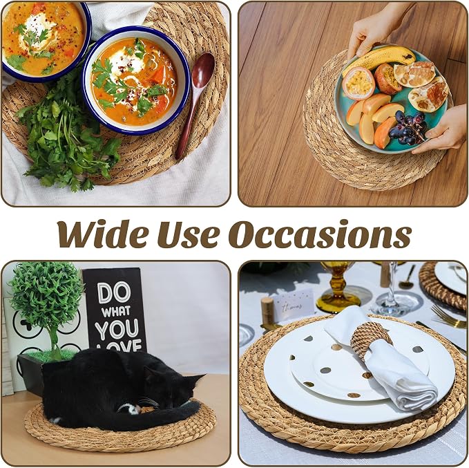 Kochorie Set of 120 Round Woven Placemats 12 Inches Bulrush Placemats Natural Hand-Woven Boho Rattan Placemat Wicker Table Mats Farmhouse Weave Place Mats for Home Dining