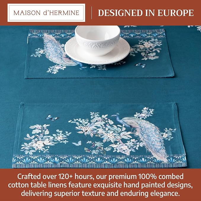 Maison d' Hermine Placemats Set of 4 Reusable 100% Combed Cotton (13"x19") | Cloth Place Mats Washable Table Mats for Kitchen Dining Party Home Restaurant Spring Summer - Peacock Utopia - Deep Sea