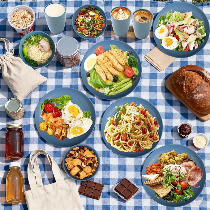 Wheat Straw Dinnerware Sets for 4, Reusable Plastic Dinner Plates, Unbreakable Kids Plates and Bowls Sets 20 PCS, Dishwasher & Microwave Safe Kitchen Camping Dorm Dish Sets- Blue