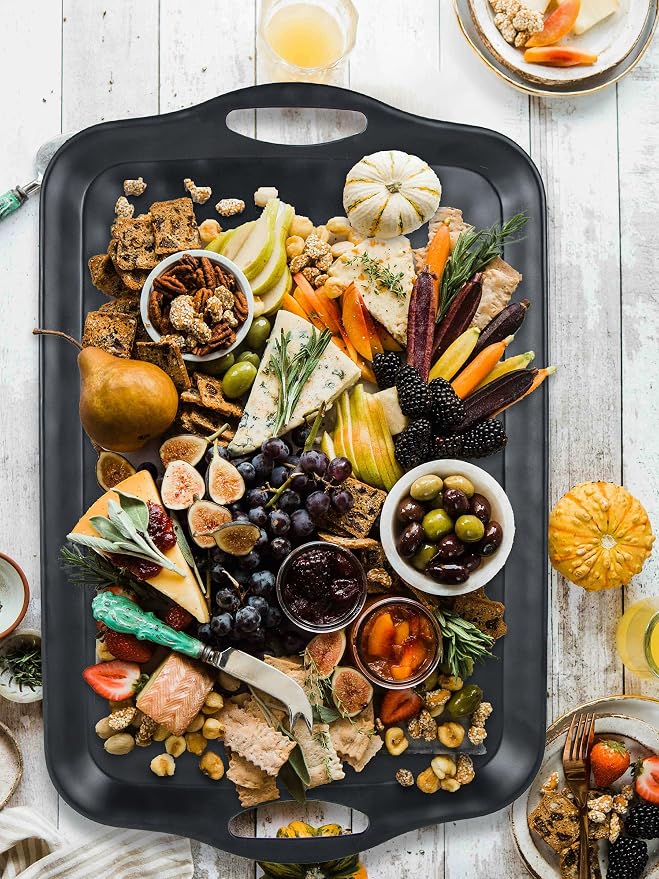 ECOIOU 20x13 inch Extra Large Serving Tray with Handles, Set of 2, Black | Melamine Platters for Serving Food, Turkey, Cookie, Rectangular Trays for Eating, Raised Dots Matt Finished, Dishwasher Safe