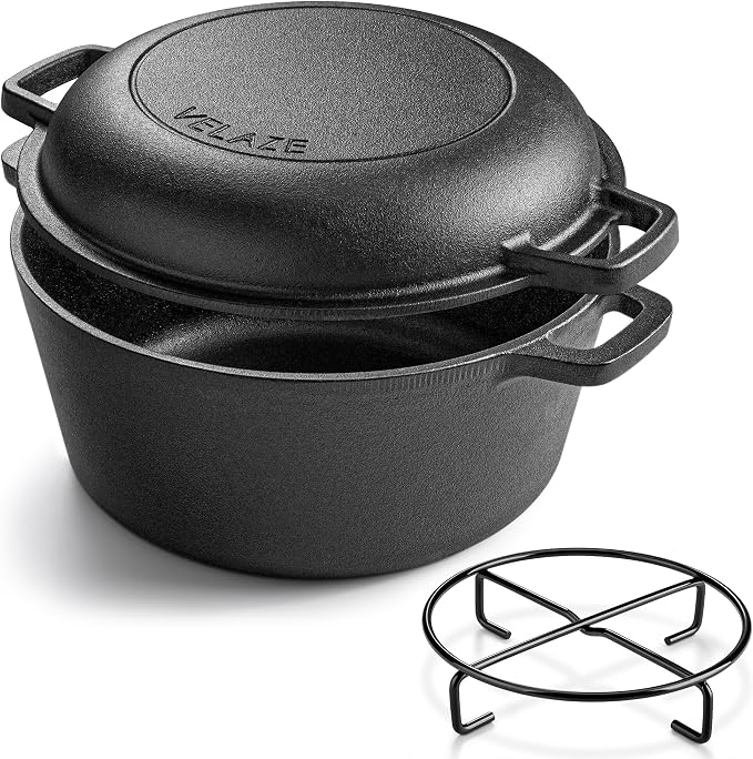 Velaze Cast Iron Dutch Oven with Skillet Lid, 2-in-1 Pre-Seasoned, 5QT | Dual Handles,for Bread Baking,Frying,Camping,Home Cooking Use,Non Stick Finish,Oven,Grill,Includes Tripod,Lid as Cooking Pan