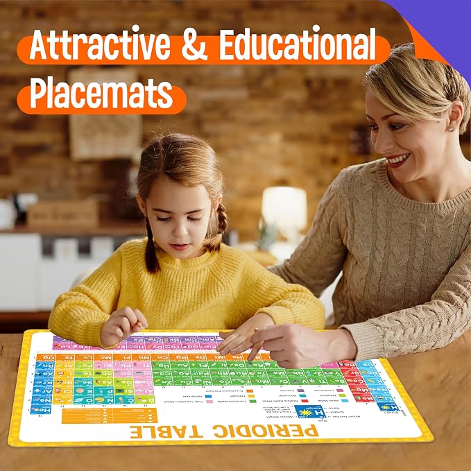 4 Pack Double-Sided Placemats, Washable & Reusable Table Mats -Math, Universe, Periodic Table, US President, Human Body, Map of USA & World Educational Placemats for Home, Kindergarten, Classroom