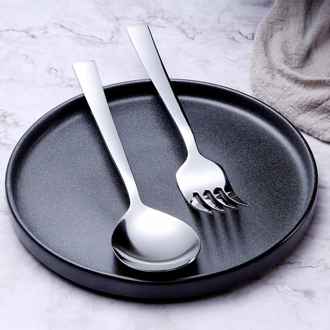 E-far Serving Utensils Set of 6, Stainless Steel Large Serveware Set | 2 Serving Spoons 2 Slotted Spoons 2 Forks for Buffet Parties Catering, Square Handle, Mirror Polished & Dishwasher Safe