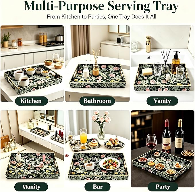 Sooyee Acrylic Serving Tray with Handles,Green Valley | Coffee Table Trays, Ottoman tray for Living Room, Bathroom, Ottoman Coffee Table, Home Decorative Tray