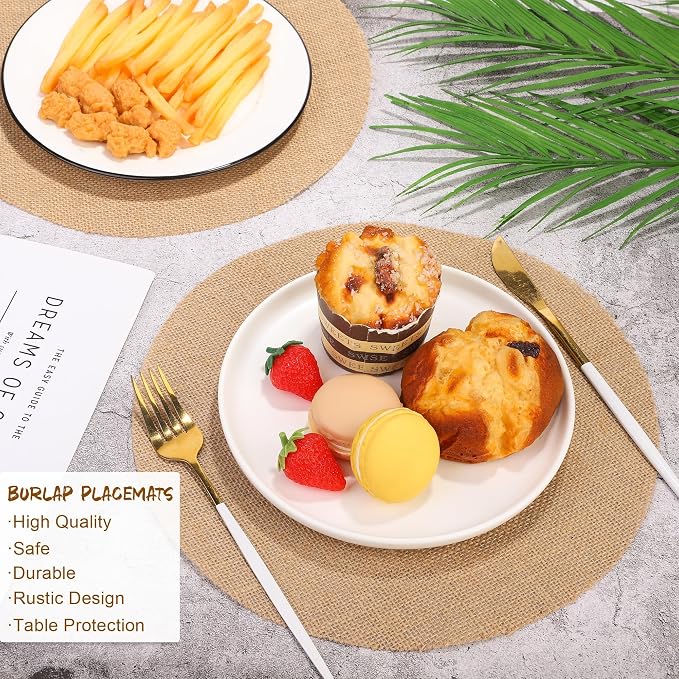 Aneco 150 Pieces Round Burlap Placemats 11.8 Inch Reusable Brown Table Mats Heat Resistant Natural Jute Fibers Placemats Burlap Circle Rustic Table Decorations for Dinner Holiday Farmhouse Decor