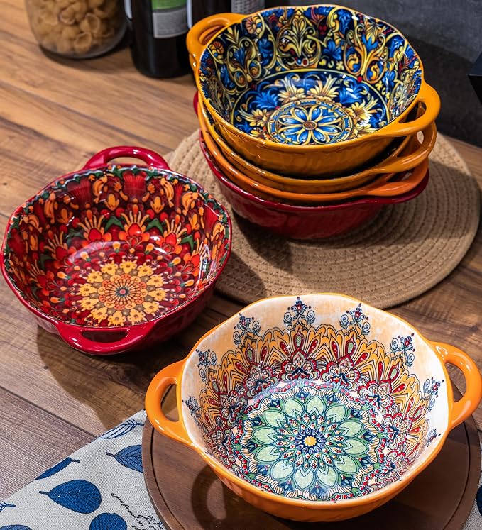 Boho Ceramic Serving Bowls with Handles Set of 2, Ceramic Large Serving Bowls, 40 Oz Porcelain Salad Bowls, Large Serving Dishes for Entertaining, Nesting Mixing Bowls for Soup,Stew,Fruits,Dinner