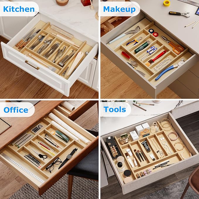 WelFurGeer Premium Wooden Silverware Organizer for Kitchen Drawers, Utensil Tray for Kitchen Drawer, Cutlery Drawer Organizer for Forks, Spoons, Knives - Sturdy Birchwood, Natural Finish
