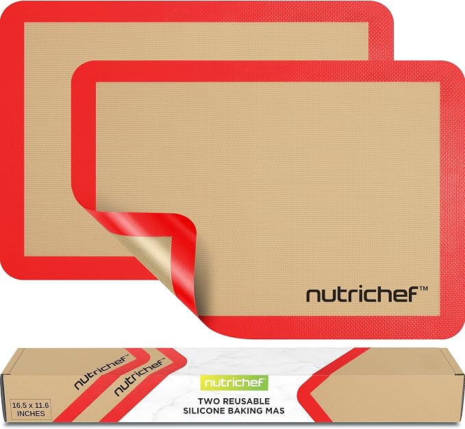 Nutrichef Silicone Baking Mats - 2 Non-stick Food-Grade Reusable Silicone Mats - Perfect for Half Baking Pans 16.5 x 11.6 IN - Oven-Safe Up to 480 Degrees F - Safe for Ovens & Dishwashers - Red