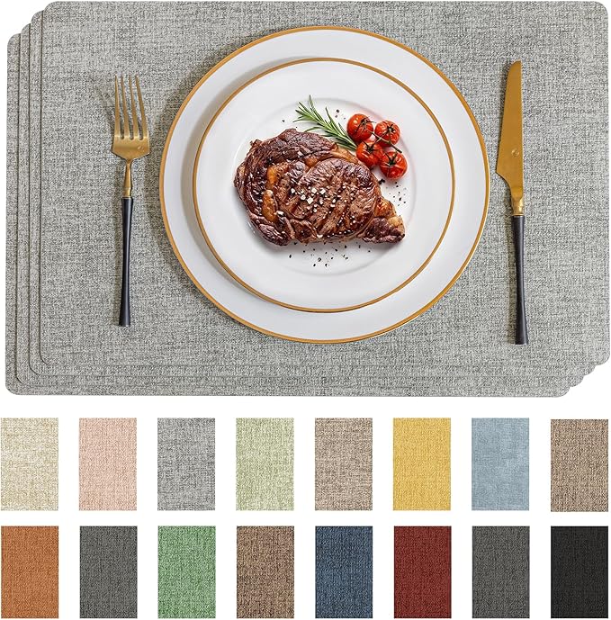 Romanstile Vinyl Placemats Set of 4-12 X 17 Inch - Faux Leather 100% Waterproof Wipeable Anti Slip Place Mats, Heat Resistant Reversible PU Table Mats for Kitchen Dining Party Outdoor, Light Grey