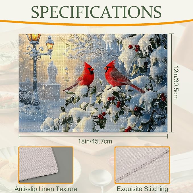 Table Placemats Set of 6,Winter Cardinal Birds Cloth Placemats,Christmas Holiday Heat-Resistant Table Mats for Kitchen Dining Room Decoration,Non-Slip Fabric Place Mats 11.8x17.7 Inch