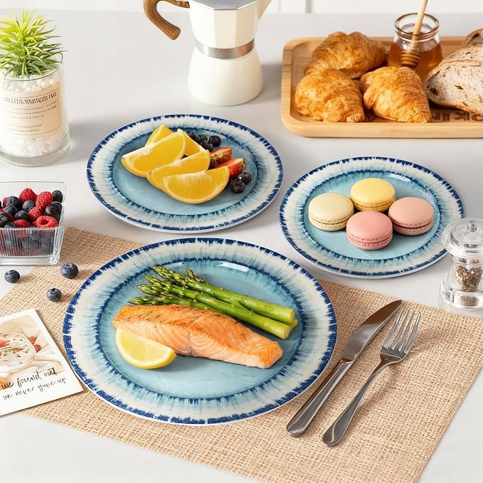 Melamine Dessert Plates Set of 6, 8.5 inch Small Dinner Plates for Indoor and Outdoor Use, Dishwasher Safe, Lightweight Unbreakable, BPA Free, Light Blue