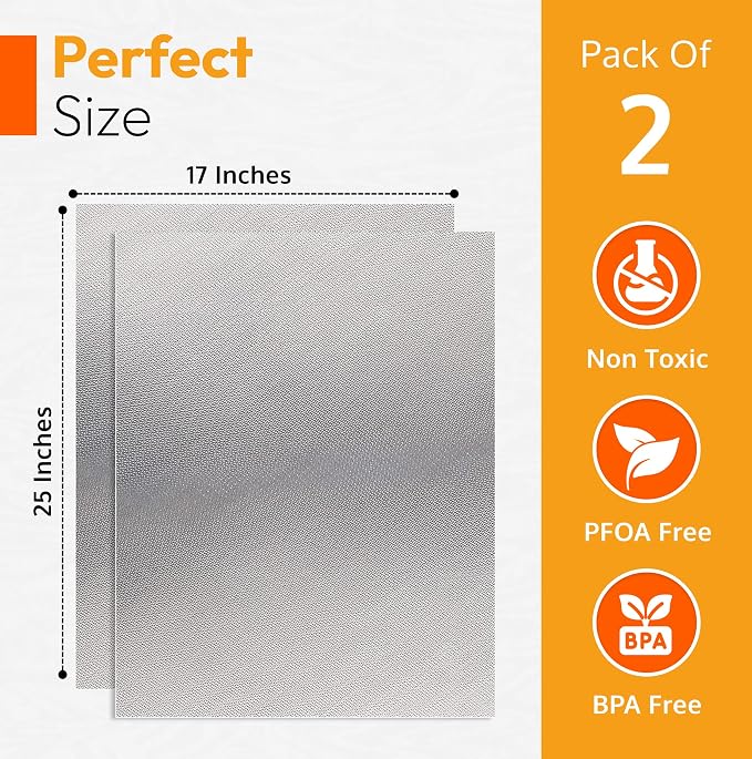 Oven Liners for Bottom of Oven - 17"x 25" Large Heavy Duty Non-Stick 2 Pack | Resistant to 500°F, BPA & PFOA Free, Reusable, Fits Electric, Gas, Toaster, Microwave Ovens & Grills, Spill Guard, Silver