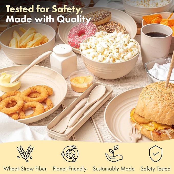 FOODLE Wheat Straw Dinnerware Set - Picnic, Camping Plates Cups and Bowls | BPA-Free & Safety Tested - Microwave & Dishwasher Safe - College Dorm Unbreakable Dishes - Great for Kids & Adults - For 4