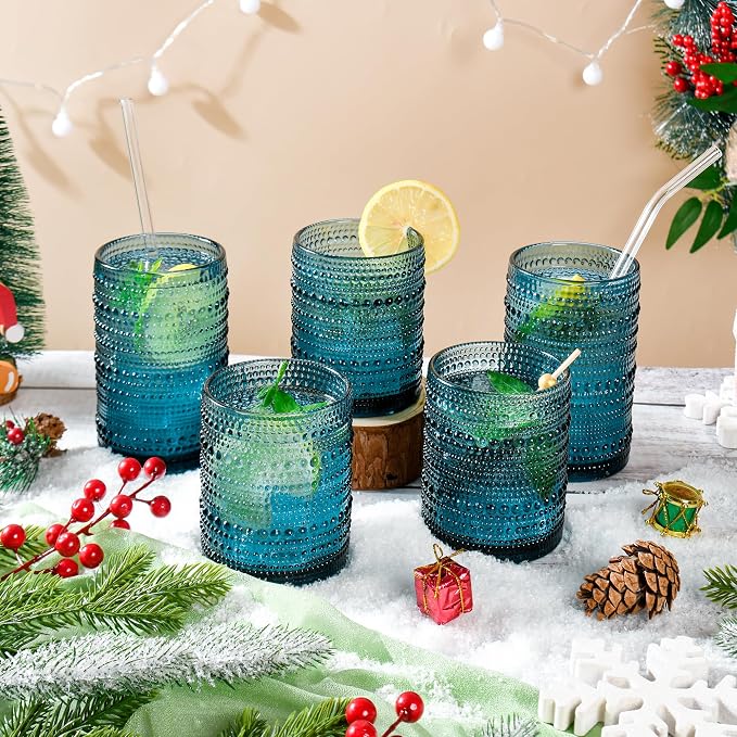 KMIGRUAN Hobnail Drinking Glasses Set of 12, 15Oz & 12Oz Cocktail Glasses | Blue-Vintage Highball Glasses, Embossed Beaded Water Glass Cups for Juice and Various Mixed Drinks, Kitchen Drinking Glasses
