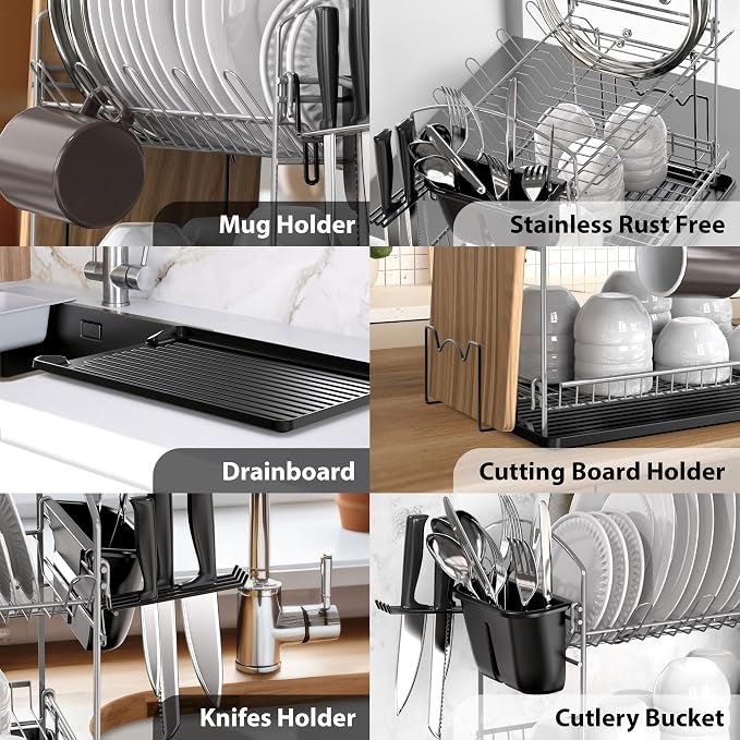 Simple Houseware 2-Tier Dish Rack with Drainboard, Silver