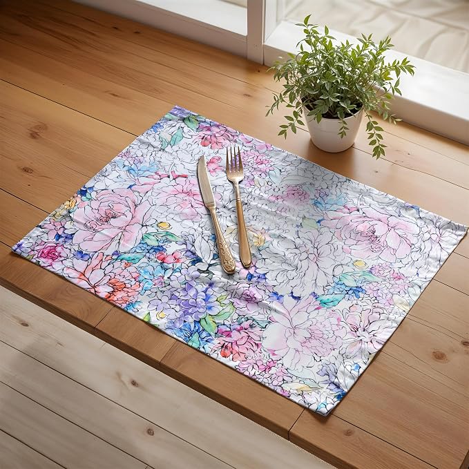 Maison d' Hermine Placemats Set of 4 Reusable 100% Cotton (13"x19") | Cloth Place Mats Washable Table Mats for Kitchen Dining Party Wedding Hotel Home Restaurant Spring Summer - Floral Love