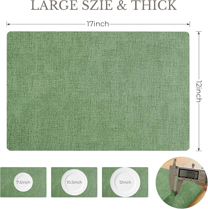 Romanstile Vinyl Placemats Set of 6-12 X 17 Inch - Faux Leather 100% Waterproof Wipeable Anti Slip Place Mats, Heat Resistant Reversible PU Table Mats for Kitchen Dining Party Outdoor, Dark Green
