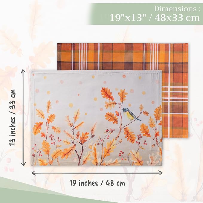 Maison d' Hermine Placemats Set of 4 Reusable 100% Cotton (13"x19") | Cloth Place Mats Washable Table Mats for Kitchen Dining Party Wedding Hotel Home Thanksgiving Christmas - Oak Leaves