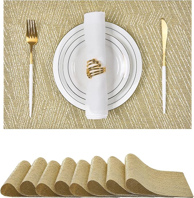 Leetaltree Gold Placemats Set of 8 - Heat Resistant Non-Slip Place mats for Dining Table, Washable Durable PVC Vinyl Woven Table Mats(Luxury Gold, 8)