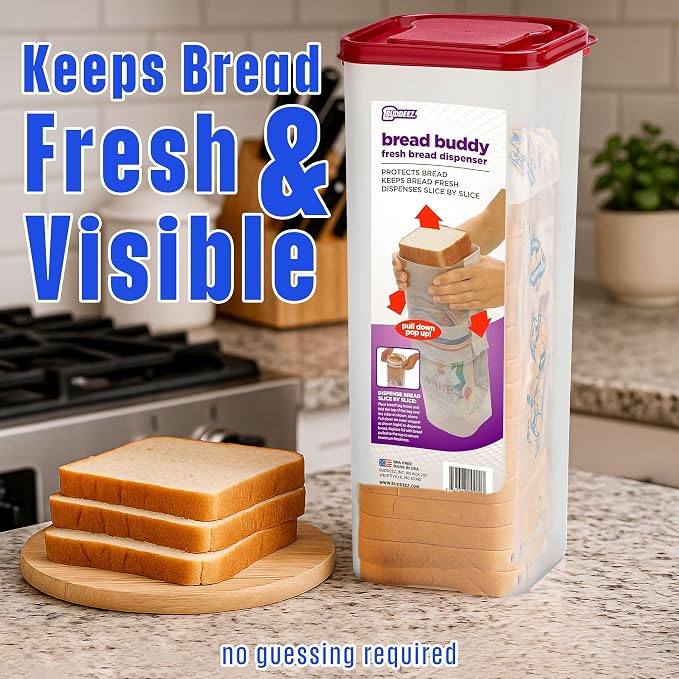 Buddeez Bread Buddy Bread Box, Keeps 1 Sandwich Size Loaf Fresh | Bread storage container for standard 1.5 lb loaves, keeps sandwich bread organized, compact countertop bread keeper