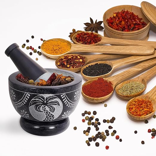 Mortar and Pestle, Made of Heavy Duty Polished Hard Stone, Natural Stone Grinder for Spices, Pastes, Herbs, Seasoning etc. (Palm Tree)