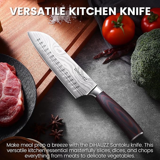 DiiHAUZZ 7" Santoku Knife, Japanese Chef Knife with Non-Stick Granton Edge | High Carbon Stainless Steel, Razor Sharp Edge, Ergonomic Handle, No Crack or Shrink Pakkawood, 59HRC, Sheath & Gift Box