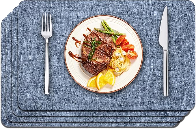 Maxpearl Faux Leather Placemats Set of 4, Easy to Clean, Blue | Waterproof - Heat Resistant - Non Slip - Wipe Clean Dining Table Place Mats, Suitable for Indoor & Outdoor Use, 17''×12''