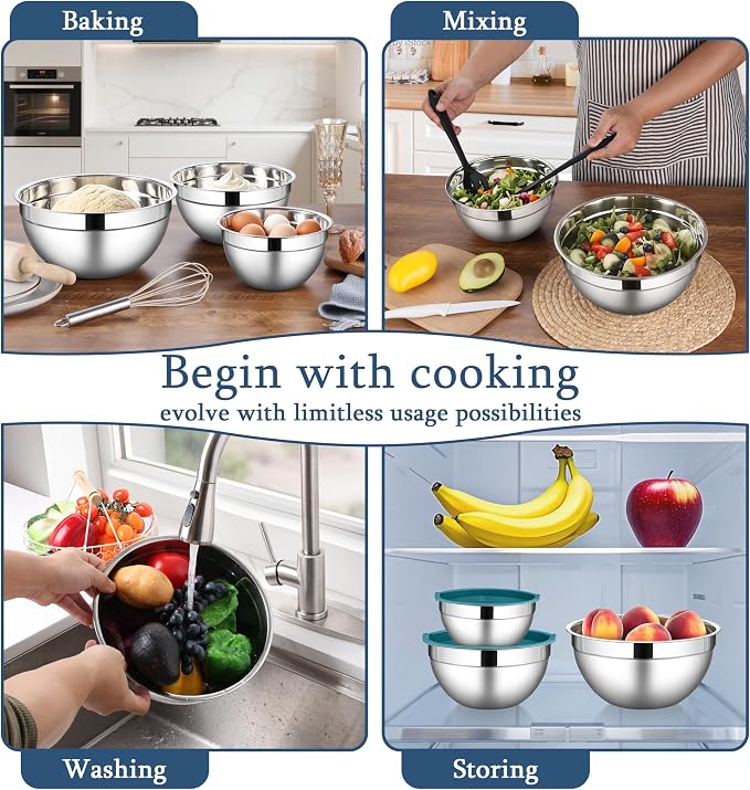 LIANYU Mixing Bowls Set with Lids, Stainless Steel Kitchen Bowls Set of 3 | Large & Small Metal Bowl, Airtight Lids, Mixing & Storage, Dishwasher Safe & Freezer Safe, 1.5QT & 3QT & 4.6QT, Blue
