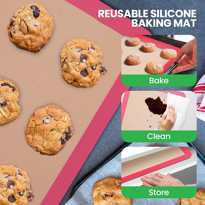 Nutrichef Silicone Baking Mats - 2 Non-stick Food-Grade Silicone Mats - Perfect for Full Baking Pans 24.4 x 16.5 IN - Oven-safe Up to 480 Degrees F - Suitable for Ovens, Freezers, & Dishwashers - Pink