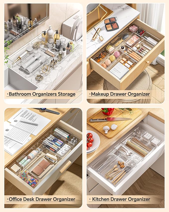KEMETHY 25 PCS Plastic Drawer Organizers Set, 4 Sizes Vanity Organizer | Makeup and Desk Drawer Organizer Trays, Organization and Storage for Makeup, Bathroom, Kitchen Utensils and Office (Clear)
