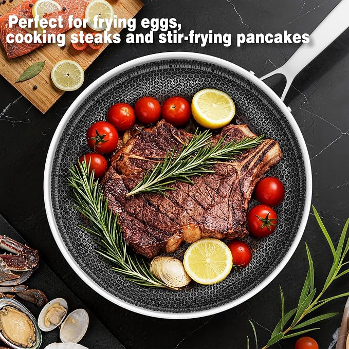 Non Stick Frying Pans w/ Lid, 12in 3-Ply Stainless Skillet, Hybrid Ceramic Coating, PFOA/PFAS/PTFE-Free, Induction Compatible, Dishwasher Oven Safe, Metal Utensil Safe, Scratch-Proof, Stay-Cool Handle