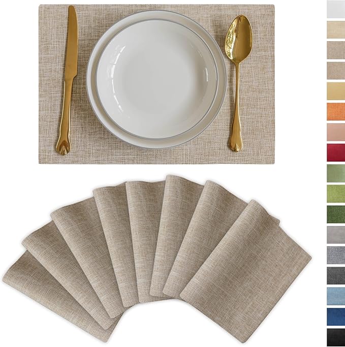 Demetex Linen Textured Placemats Set of 8 Farmhouse Table Place Mats Wipeable Heat Resistant Placemat for Dining Room Kitchen Restaurant, 13x19 inch, Burlap
