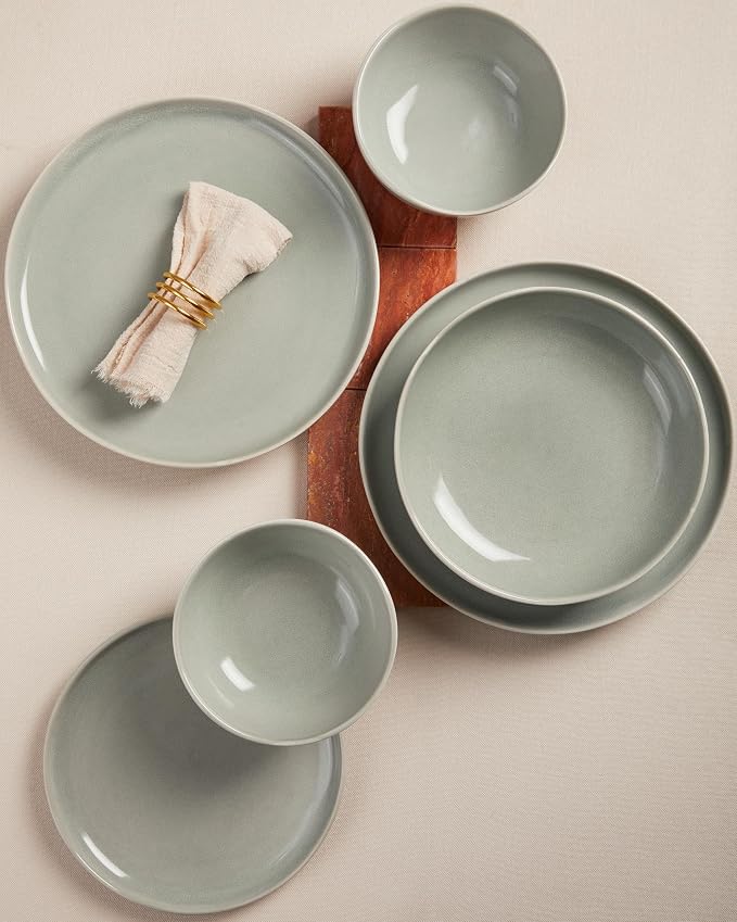 Plates and Bowls Sets, 16 Pieces Dinnerware Set for 4 with Pasta Bowls, Handmade Dishes Set, Chip Resistant Dishware Sets, Microwave Safe Dinner Set, Designed for Interactive Meals, Gray Green