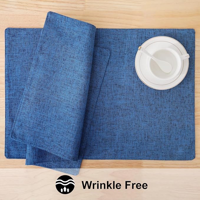 Faux Cotton Linen Placemats Set of 6, Cloth Washable Farmhouse Dining Table Mats for Indoors & Outdoors, Easy to Clean, Navy Blue, 13 x 19 Inch