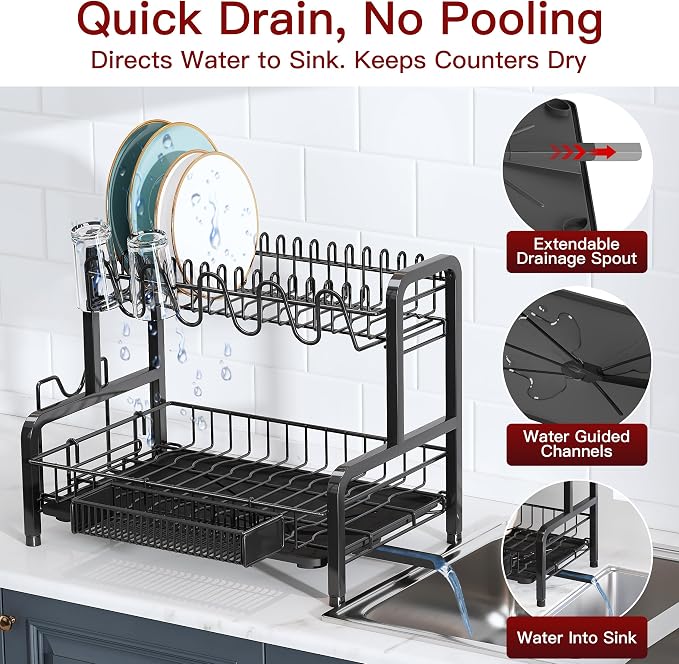 2 Tier Black Stainless Steel Dish Drying Rack for Kitchen Counter | Large Capacity Dish Drainer with Drainboard, Cup & Utensil Holder, Space Saving Rustproof Metal Plate Rack, Fast Drain
