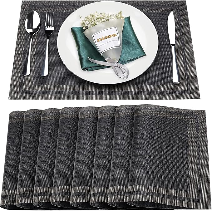 Placemats Set of 8, Vinyl Woven Black Non Slip Table Mats | Heat resistant, stain resistant non slip vinyl place mats, washable black gold table placemats for dining table(Black gold)