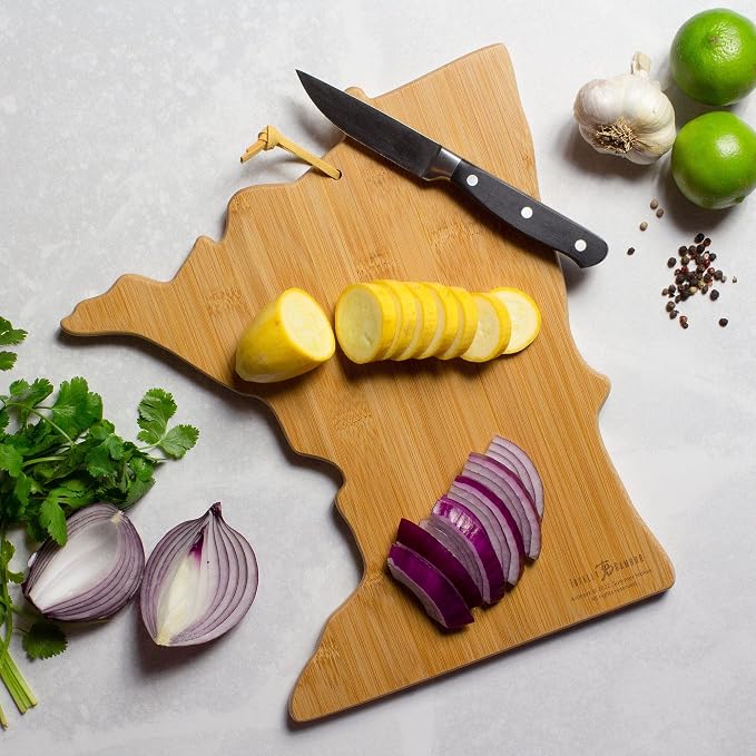 Totally Bamboo Minnesota State Shaped Cutting Board, Summer Stokes Art | State charcuterie board with colorful hand-drawn landscape art. Smooth reverse side for food prep. Hang tie for wall display.
