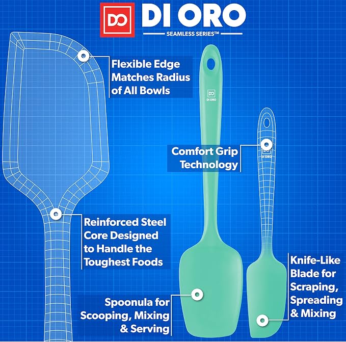 DI ORO Silicone Spatula Set - 600F Heat Resistant, 3-Pc Mint | Rubber scraper won't scratch nonstick pans; For baking, cooking, mixing, and frosting; BPA-free and dishwasher safe