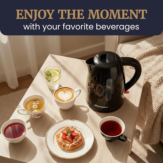 Elite Gourmet EKT5051 1.7L Electric Water Kettle, BPA-Free Fast Boil, Black | Auto Shut-Off, Boil-Dry Protection, 360° Swivel Base Cordless Serving, Clear-View Water Level Window