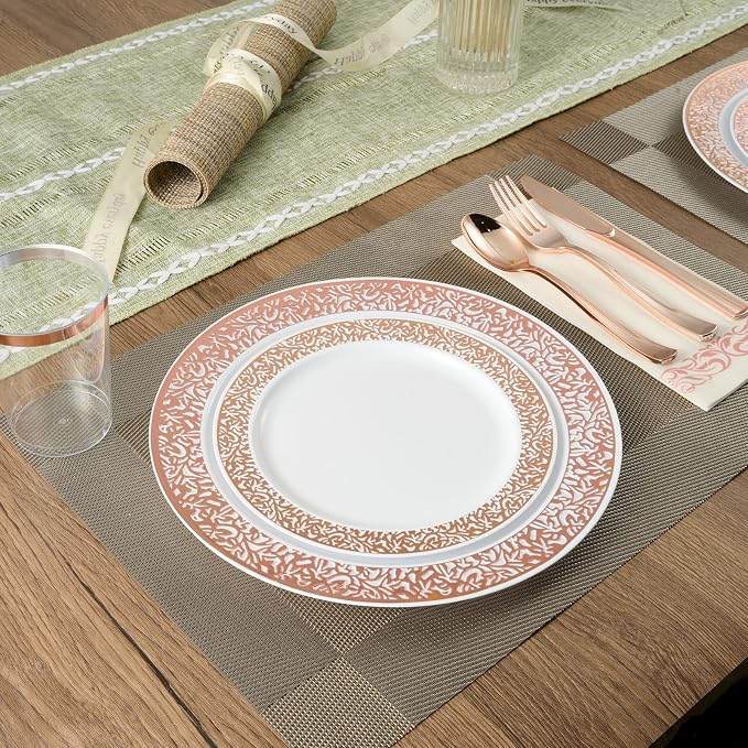 FOCUSLINE 350 Ct Rose Gold Dinnerware Set for 50 Guests, Rose Gold Lace Plastic Plates Disposable Heavy Duty, Including 50 Dinner & Dessert Plates, Cups, Napkins, Cutlery Set