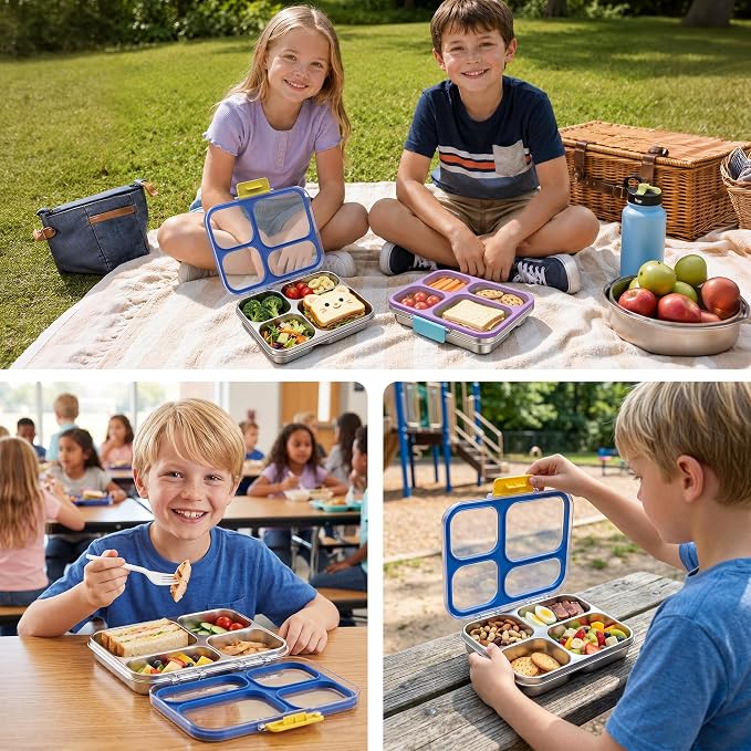 Stainless Steel Lunch Box for Kids, Leakproof 4 Compartment Kids Bento Lunch Box with Clear Lid, BPA-Free Steel Lunch Box Containers for School Travel (Blue)