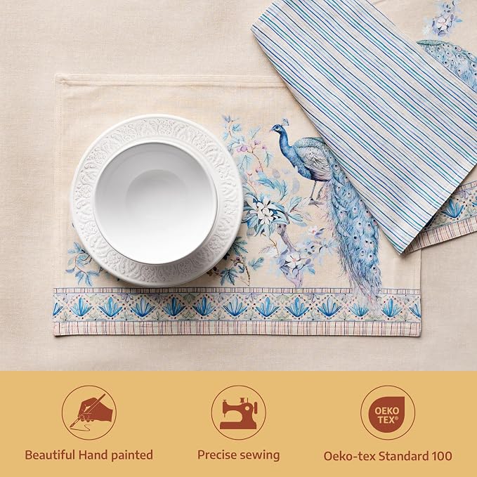 Maison d' Hermine Placemats Set of 4 Reusable 100% Combed Cotton (13"x19") | Cloth Place Mats Washable Table Mats for Kitchen Dining Hotel Home Restaurant Spring Summer - Peacock Utopia - Sandy Beach