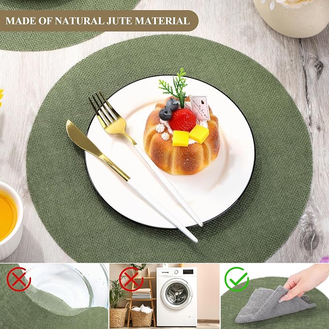 Aneco 50 Pieces Round Burlap Placemats 13.78 Inch Reusable Sage Green Table Mats Heat Resistant Natural Jute Fibers Placemats Burlap Circle Rustic Table Decorations for Dinner Holiday Farmhouse Decor