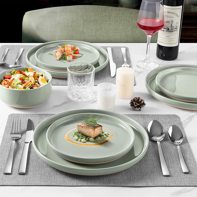 LIANYU Porcelain Dinnerware Set for 2, 6 PCS Stoneware Dinner Plates and Bowls, Ceramic Dining Dishes Set for Dessert Salad Pasta, Microwave & Dishwasher Safe, Fog Green