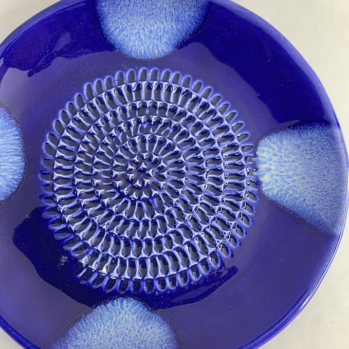 Premium Ceramic Garlic Grater Plate Set - Blue Cross Glazed | All-in-One 4-Piece Set includes 5.25" Plate, Peeler, Brush, and Stand - For Garlic, Ginger, Fruits, Strawberries, and more!