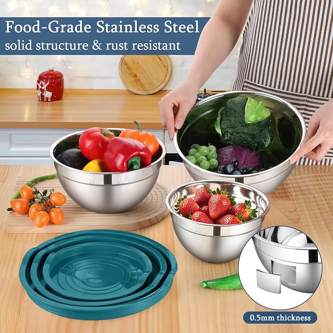 LIANYU Mixing Bowls Set with Lids, Stainless Steel Kitchen Bowls Set of 3 | Large & Small Metal Bowl, Airtight Lids, Mixing & Storage, Dishwasher Safe & Freezer Safe, 1.5QT & 3QT & 4.6QT, Blue