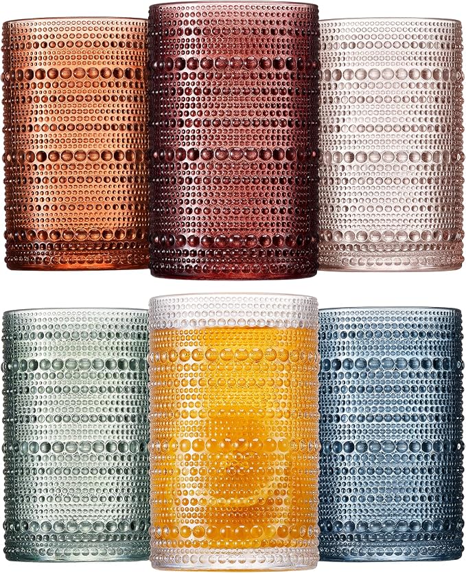 Colored Hobnail Drinking Glasses Set of 6, 12oz Vintage Kitchen Glassware, Embossed Beaded Glass Cups, Water Glasses, Colorful Water Tumbler for Cocktail, Juice, Various Mixed Drink (Dishwasher Safe)