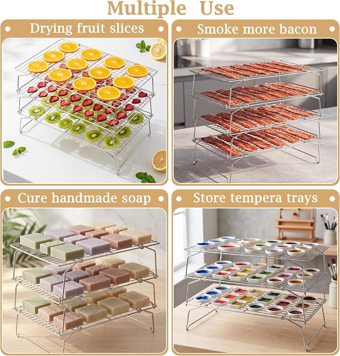 LIANYU 5-Tier Stackable Cooling Rack for Cooking & Baking, 10"x15", 2 Pack | Stainless Steel Collapsible Cooling Rack for Cookies, Cakes, Baking Wire Racks Fits Jelly Roll Pan, Oven & Dishwasher Safe