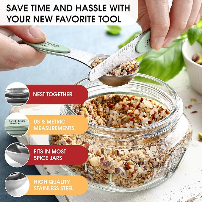 Spring Chef Stainless Steel Magnetic Measuring Spoons Set of 8, Pistachio | Nesting Metal Teaspoon & Tablespoon Measuring Spoons with Leveler for Dry & Liquid Ingredients, Dual Sided, Dishwasher Safe