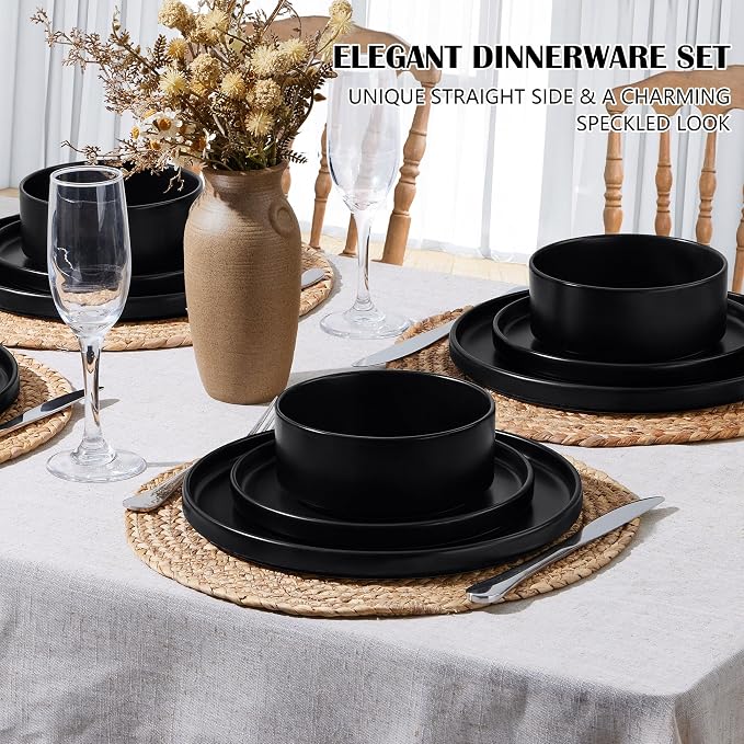 E-far 6-Piece Stoneware Dinnerware Sets, Black Plates and Bowls Set for 2 | Kitchen Modern Dishes Set for Everyday & Formal, Chip and Scratch Resistant, Microwave & Dishwasher Safe, Matte Black
